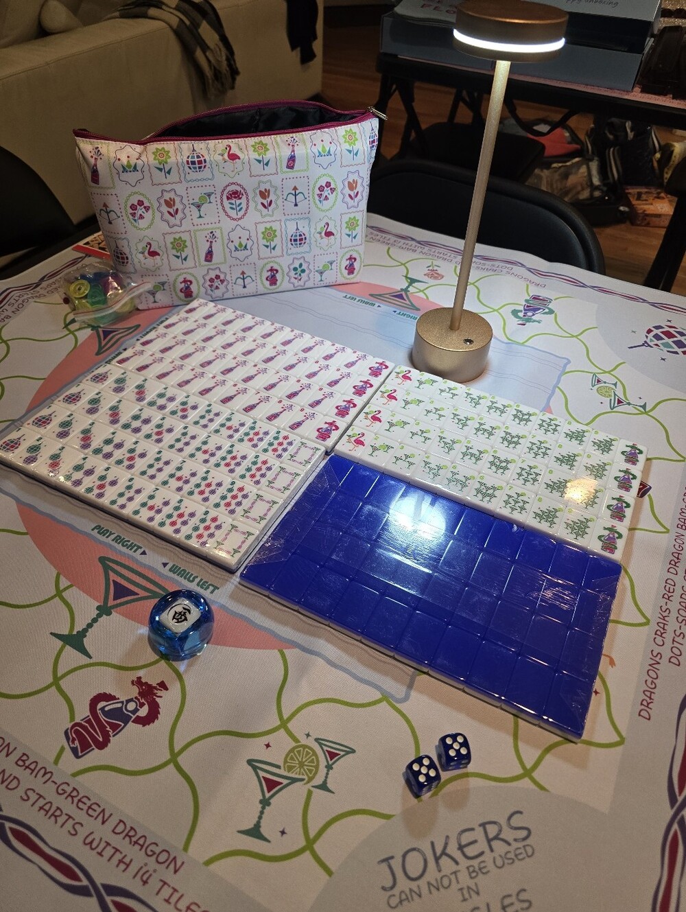 Champagne, Martini, Disco Ball Mahjong Tile Set - BLUE Back Includes Racks & Mat